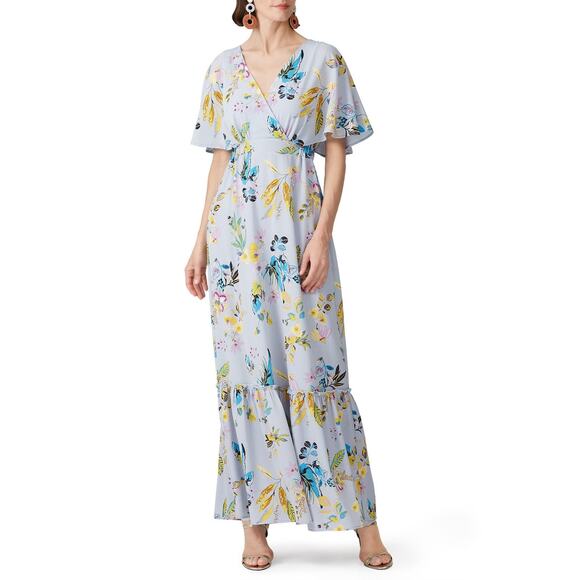 SLATE & WILLOW Blue Floral Dolman Flutter Sleeve V-Neck Loose Fit Maxi Dress M - Picture 1 of 16